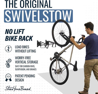 StoreYourBoard SwivelStow Road & Gravel fietsenstalling, 2-pack, geen lift draaibare fiets wandmontage, zware garage fietsenrek, patent aangevraagd