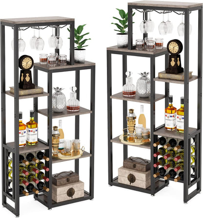 Tribesigns 2 Pcs Freestanding Floor Wine Rack - 5 Tier Wine Display Shelf with Glass Holder and Storage, Industrial Bar Cabinet for Kitchen, Dining Room (Rustic Gray)