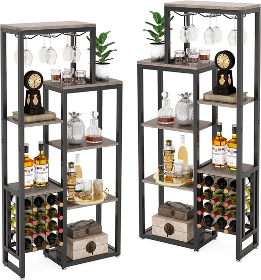 Tribesigns 2 Pcs Freestanding Floor Wine Rack - 5 Tier Wine Display Shelf with Glass Holder and Storage, Industrial Bar Cabinet for Kitchen, Dining Room (Rustic Gray)