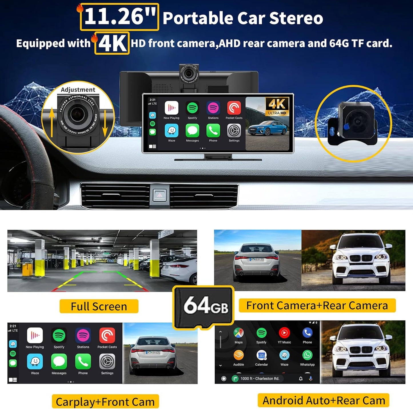 Carplay Scherm – Touchscreen – Android Auto – Airplay – Mediaspeler – 11,26 Inch IPS – Draadloos – 4K Achteruitrijcamera – Navigatie met GPS