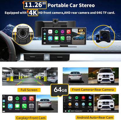 SCUMAXCON draagbare autoradio met 11,26 inch IPS-multimediascherm CarPlay/Android Auto Airplay, 4K 1080p achteruitrijcamera, BT FM-camera