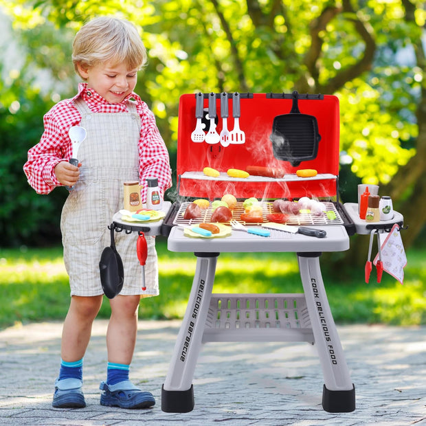 BBQ Speelgoed - Kinderbarbecue - Keuken Speelgoed - Realistische BBQ Grill - met Rook - Keukenaccessoires - Barbecue - voor Kinderen - 44 x 33.5 x 18.5 cm - Rood/Grijs