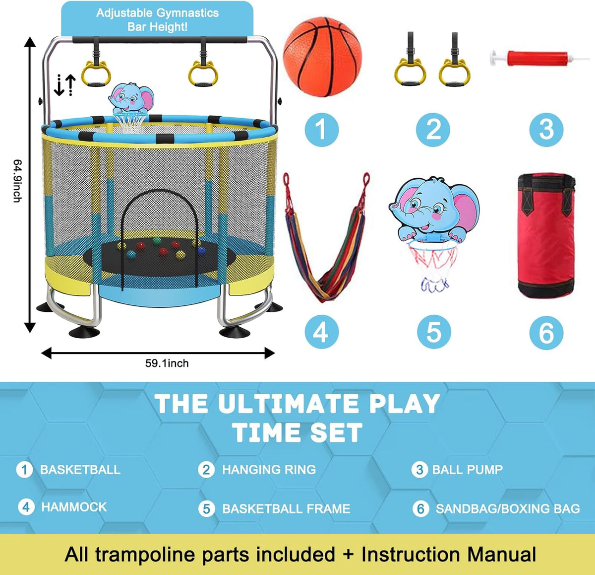 Trampoline voor kinderen, 150 cm, voor binnen en buiten, 200 kg, verstelbaar, met basketbalmand en behuizing, cadeaus voor jongens en meisjes, groen/blauw