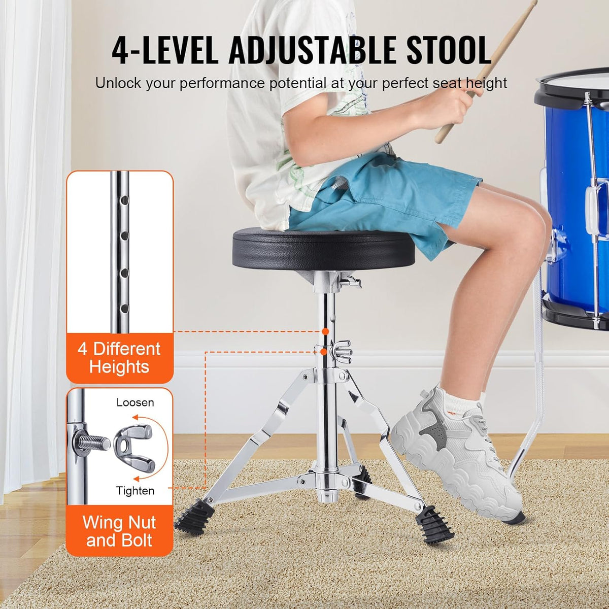 VEVOR 5-delige 40,6 cm Beginner Volledige Set met Bass Toms Snare Floor Verstelbare Troon Bekken Hi-Hat Pedaal en Twee Paar Drumsticks, Starter Drumkit voor Kind Kinderen, Blauw (SH-002-BL)