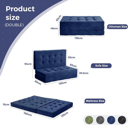 MAXYOYO Opvouwbare Matras Eenpersoons, 15 cm Comfortabele Opvouwbare Matras Met Chenille-Stof, Driekwijd Vloer Futon Bank Bed Voor Gast, Vouwmatras Topper Voor Camping, Marineblauw, Dubbel