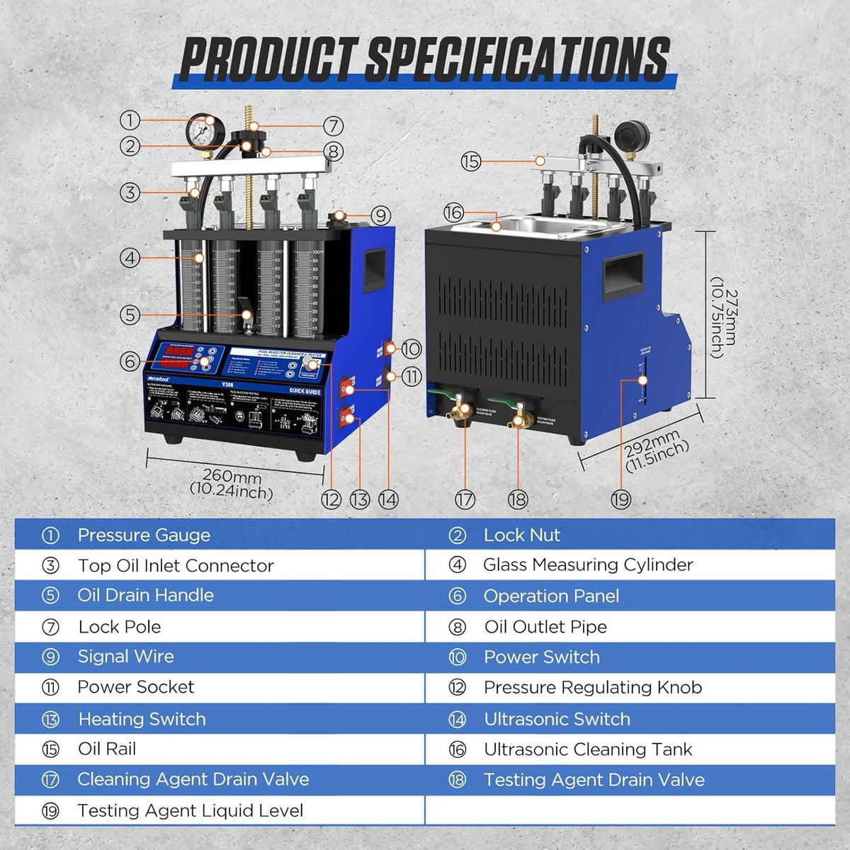 Ultrasone Brandstofinjector Reiniger – Injector Tester – Injector Cleaner – Brandstofinjector Tester – Injector Cleaner 4 Cilinder – 40°C Verwarmingsfunctie – 9 Testmodi