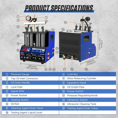 Ultrasone Brandstofinjector Reiniger – Injector Tester – Injector Cleaner – Brandstofinjector Tester – Injector Cleaner 4 Cilinder – 40°C Verwarmingsfunctie – 9 Testmodi