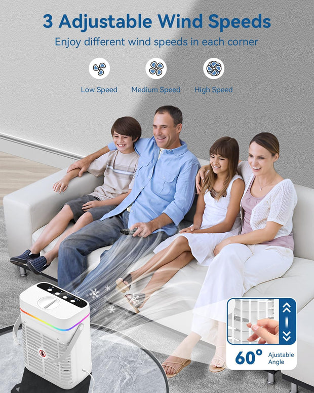 4-in-1 Mobiele Airco - Draagbare Airconditioning - Mini-Airconditioning - 1250 ml - met Timer van 1-3 uur - 3 Snelheden - 3 Nevelmodi - 7-Kleuren-LED - 10W - 5V - 13 x 20 x 27 cm - Wit