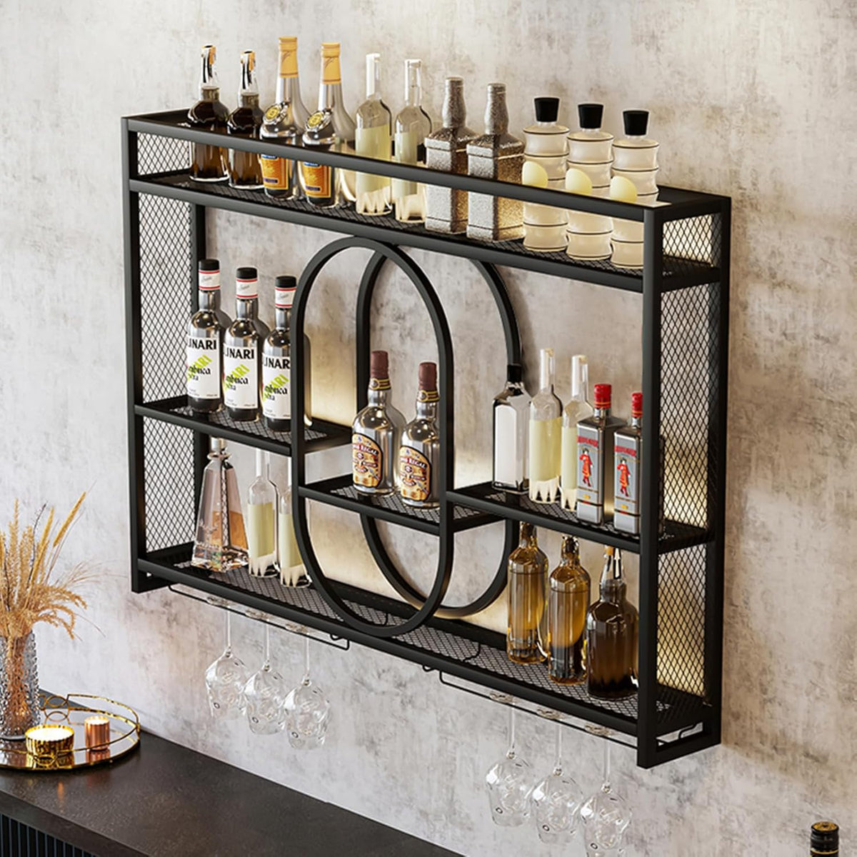 Wall Wine Rack Metal with LED Lighting & Modular Wine Bottle Holder | Modern Wine Storage for Home Bar, Kitchen, Hospitality | Robust Holder + Easy Assembly (incl. Plugs) (Black, 1.2 m) - QUORE