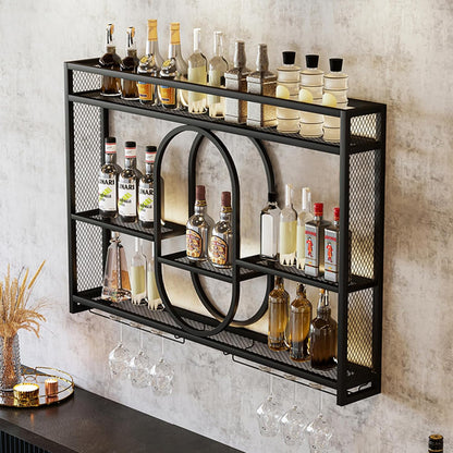Wall Wine Rack Metal with LED Lighting & Modular Wine Bottle Holder | Modern Wine Storage for Home Bar, Kitchen, Hospitality | Robust Holder + Easy Assembly (incl. Plugs) (Black, 1.2 m) - QUORE