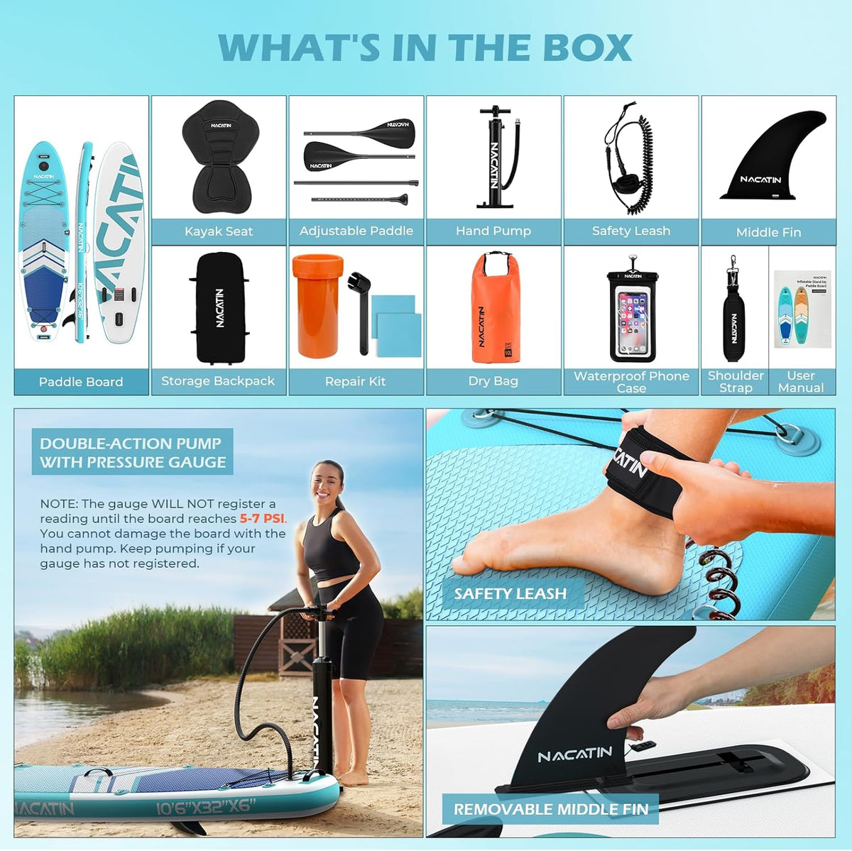 NACATIN Opblaasbare Paddle voor volwassenen, 25,6 cm, stand-up paddle, opblaasbaar, met verstelbare peddel, pomp, rugzak, waterdichte tas, ideaal voor alle vaardigheidsniveaus (optionele kajakstoel