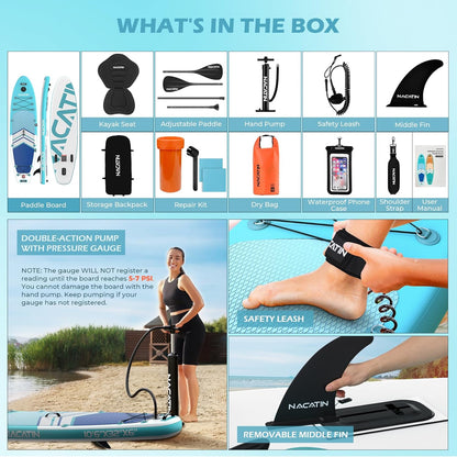 NACATIN Opblaasbare Paddle voor volwassenen, 25,6 cm, stand-up paddle, opblaasbaar, met verstelbare peddel, pomp, rugzak, waterdichte tas, ideaal voor alle vaardigheidsniveaus (optionele kajakstoel