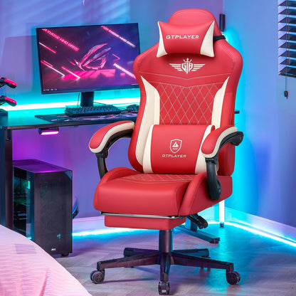 GTPLAYER Ergonomic Faux Leather Gaming Chair with Lumbar Support Computer Chair with Extended Backrest, Supports up to 150 kg, Red - QUORE