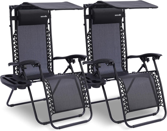 Serenelife Ligstoel, Set van 2 Ligstoelen - Verstelbare Tuinligstoelen met Zonnescherm,Zijtafel,Bekerhouders, Afneembare Kussens - Opvouwbare en Draagbare Loungestoelen voor Terras,Tuin,Strand - Zwart