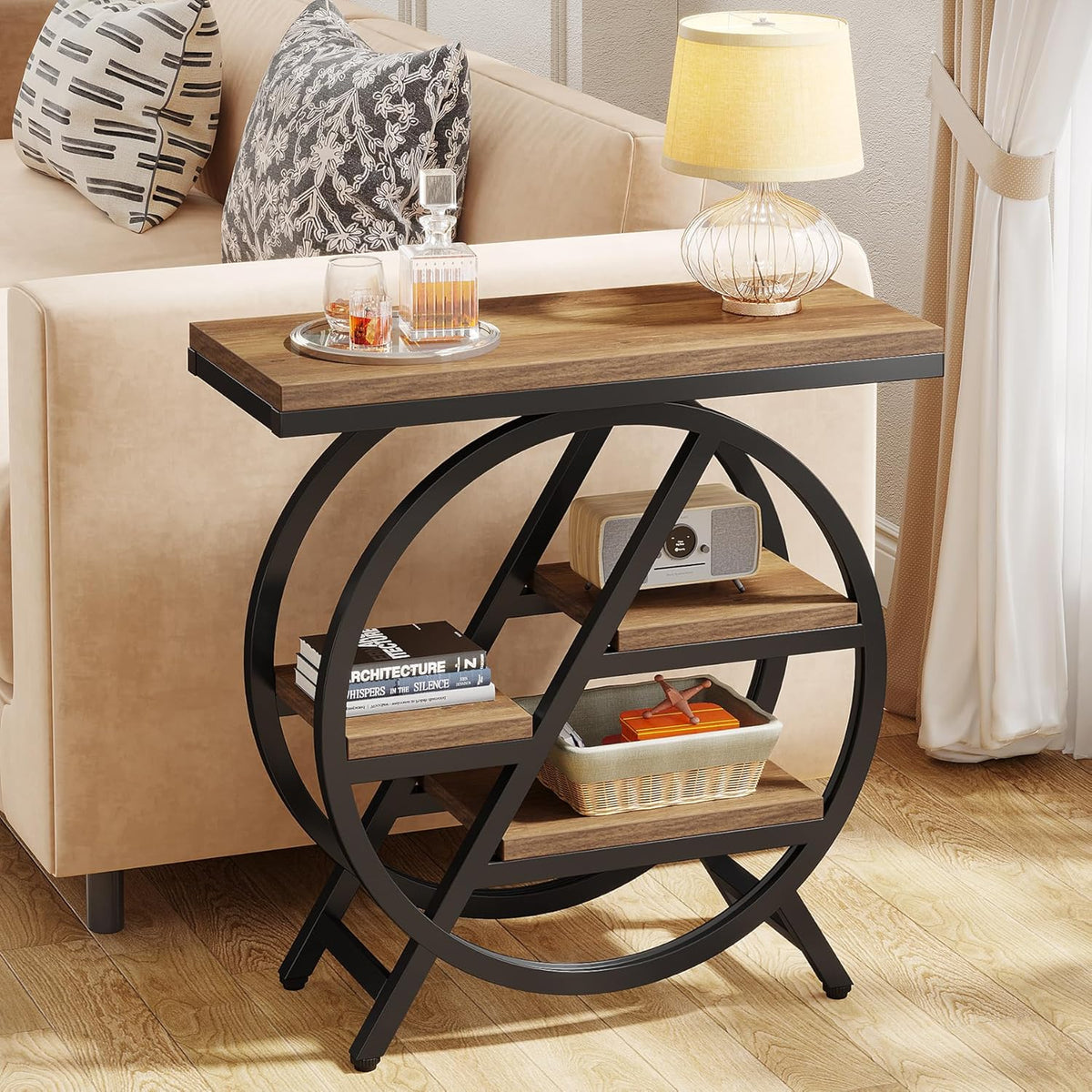 Tribesigns 3 Tier Side Table, Narrow Wood, 65 x 30 cm, Sofa Table with Storage Space, Industrial Small Side Table for Living Room, Smart Bedside Table for Bedroom (2 Pack)