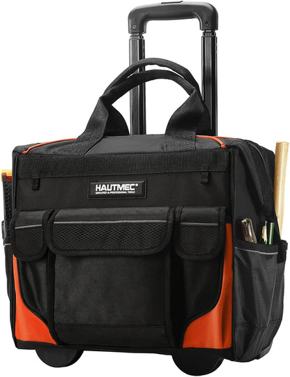 HAUTMEC 14,5 inch rollende gereedschapstas met wielen, 25-pocket draagbare gereedschapskist organizer met 600D waterbestendige stof, brede mond ontwerp, extra grote wielen en telescopische handgreep -