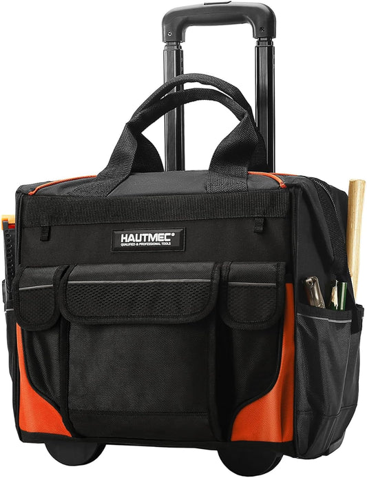 HAUTMEC 14,5 inch rollende gereedschapstas met wielen, 25-pocket draagbare gereedschapskist organizer met 600D waterbestendige stof, brede mond ontwerp, extra grote wielen en telescopische handgreep -