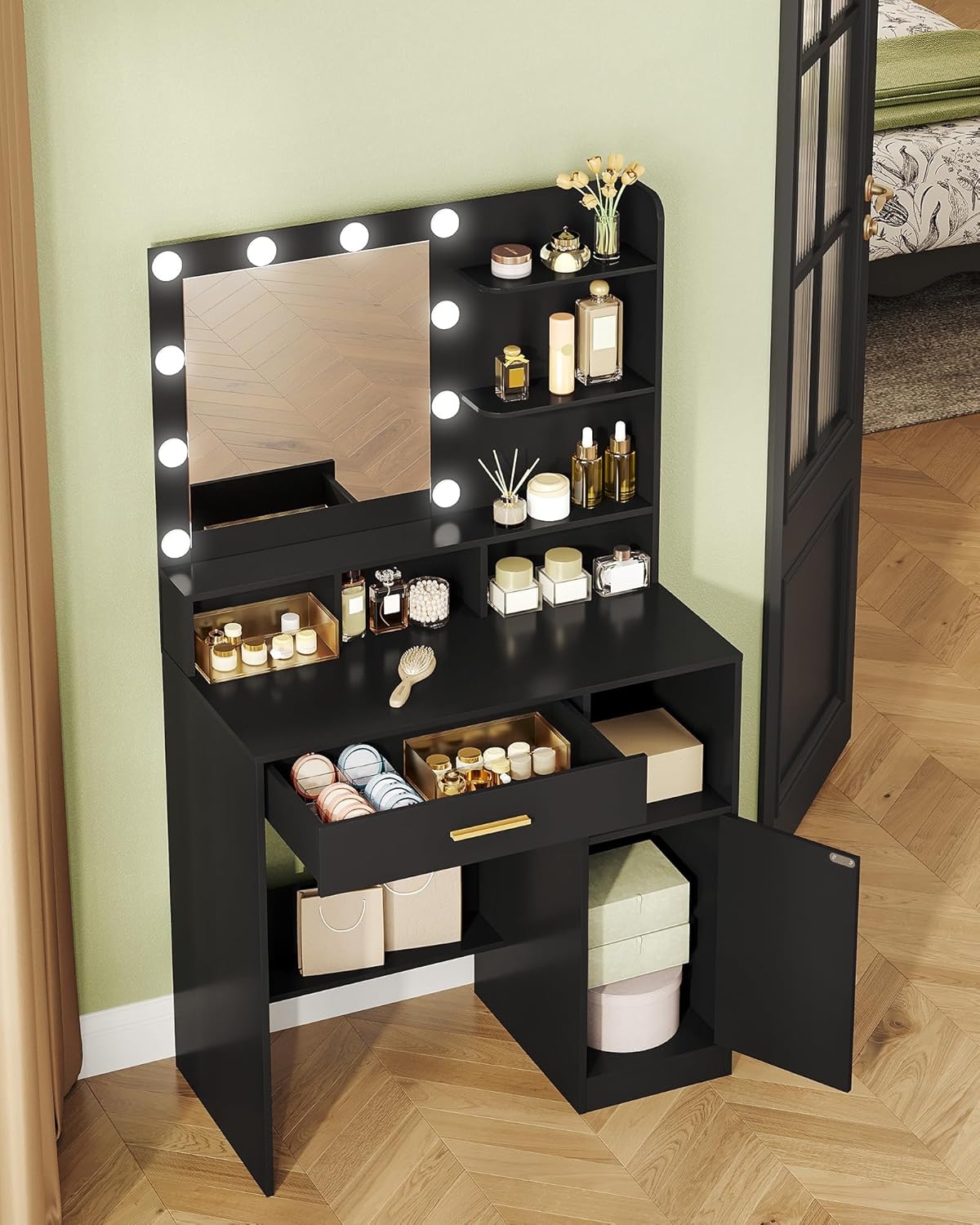 Hzuaneri Dressing Table with Mirror and 10 Led Lighting, with 3 Shelves & 4 Open Compartments, Dressing Table with Large Drawer & Cabinet, 3 Adjustable Luminosity, BlackVT08106X