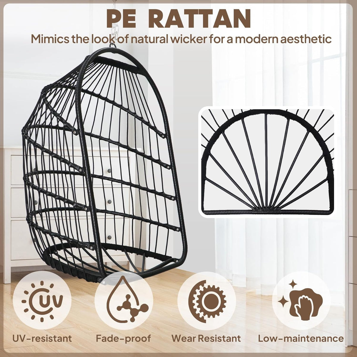 Chihee Eierstoel Opvouwbare Rieten Rotan Hangstoel Swing Stoel Indoor Outdoor Patio Rieten Stoel Hangmat Stoel met Rvs Opknoping Kit Chain Link UV Bestand Kussen Slaapkamer Balkon