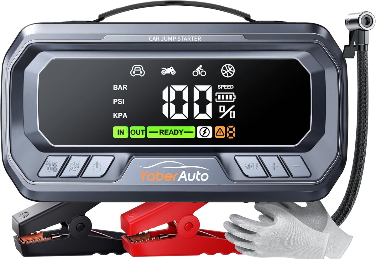 YaberAuto Starthulp powerbank met 160 psi compressor, 6500 A starter powerbank, PD 65 W ingang/uitgang powerbank, voor auto's met 3,3 inch lcd-scherm, 600 lumen noodverlichting, gedwongen startfunctie