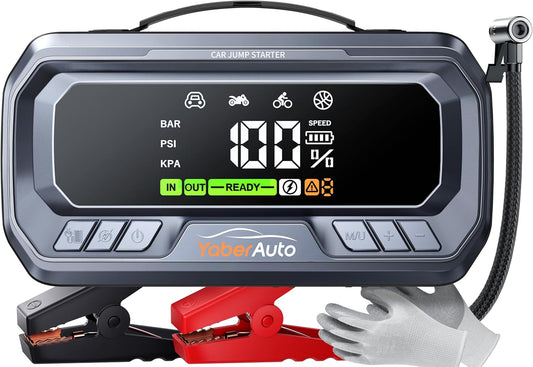 YaberAuto Starthulp powerbank met 160 psi compressor, 6500 A starter powerbank, PD 65 W ingang/uitgang powerbank, voor auto's met 3,3 inch lcd-scherm, 600 lumen noodverlichting, gedwongen startfunctie