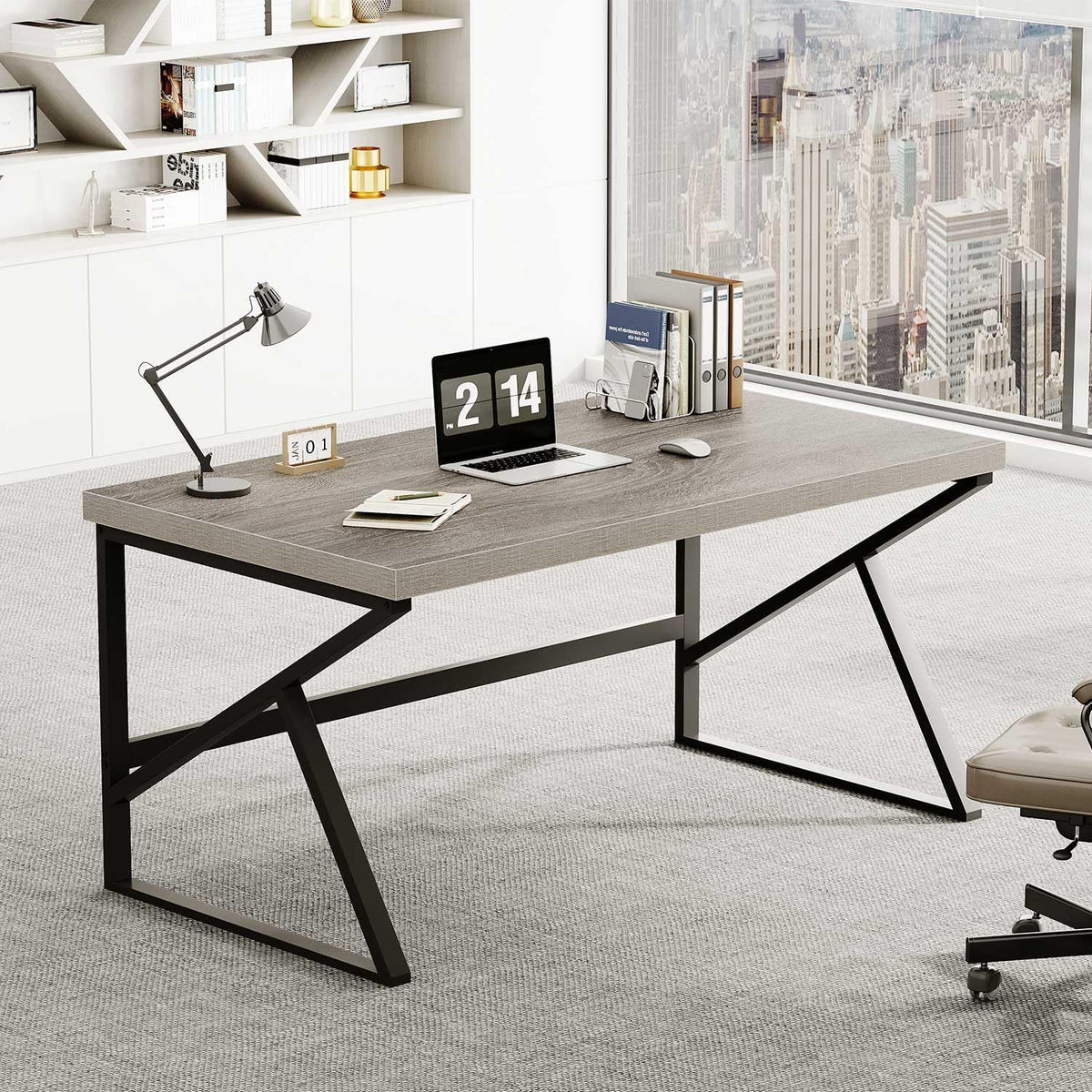 HSH Bureau, computerwerk, pc, hout en metaal, industrieel, tafel, studiewerk, eenvoudig, modern, voor slaapkamer, 140 cm, grijs