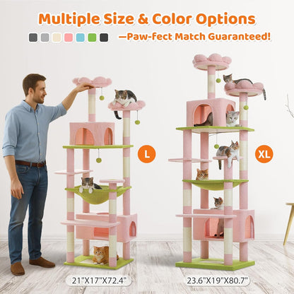 PAWZ Road Scratching Post for Large Cats, Stable, 205 cm High with Hammock, 7 Sisal Posts, Large Sitting Pole, Caves, Baskets for Indoor Cats, Pink - QUORE