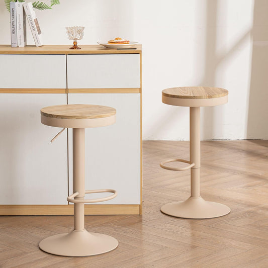 YOUNIKE Barkruk, set van 2, hout, in hoogte verstelbaar, draaibaar, barkruk, keukenkruk, hoogte barstoelen met voetensteun, voor bar, keuken, draaikruk van massief hout metaal, kaki roze