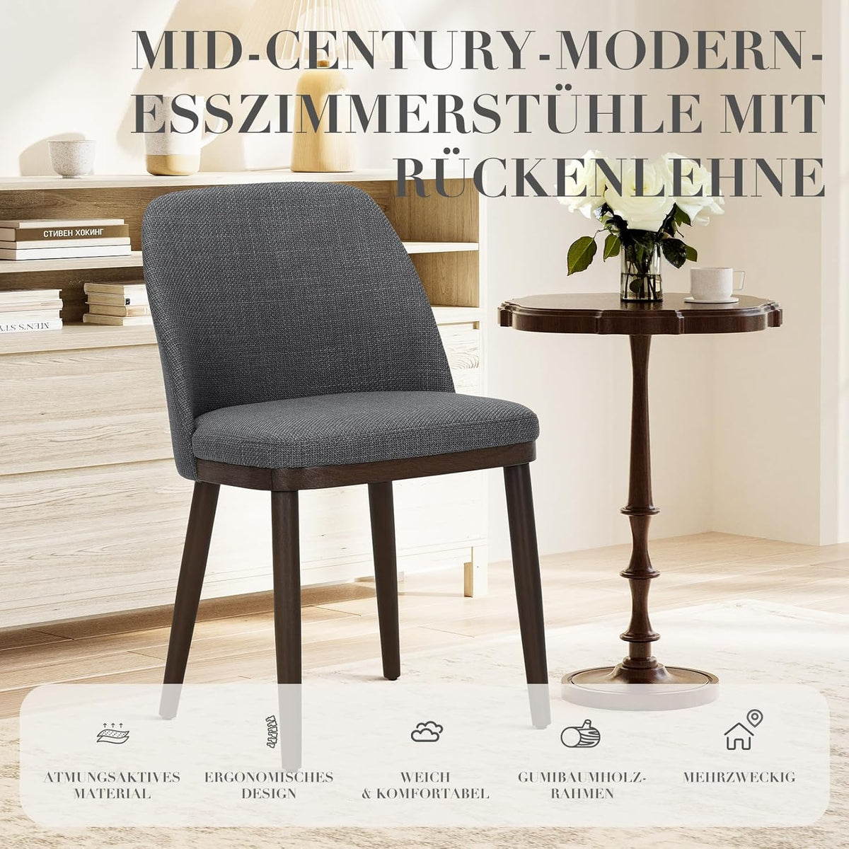 COLAMY Set van 4 gestoffeerde eetkamerstoelen, moderne keukenstoelen met rugleuning, stoffen stoel met houten poten voor eetkamer, keuken, restaurant, lichtgrijs