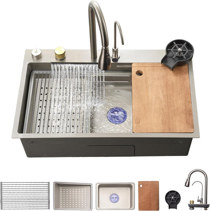 SereneLife Stainless Steel Kitchen Sink – Undermount & Surfaced, 13 Gauge, 76 x 46 x 23 cm, Includes Faucet, Stainless Steel Racket, Strainer Basket, Cutting Board & Cup Cleaner, Grey - QUORE