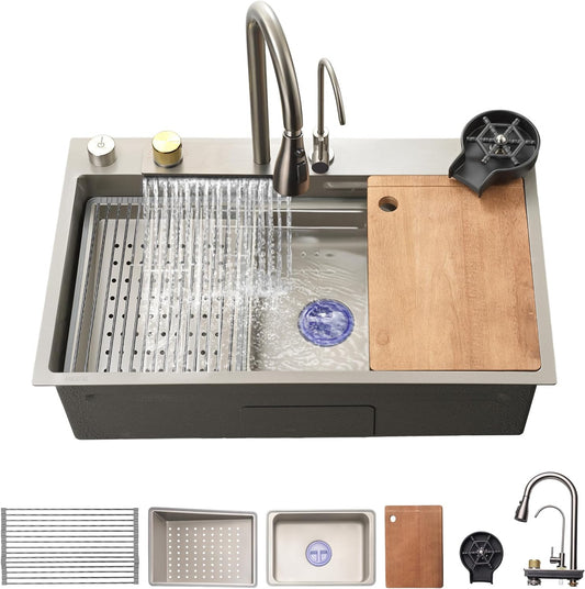SereneLife Stainless Steel Kitchen Sink – Undermount & Surfaced, 13 Gauge, 76 x 46 x 23 cm, Includes Faucet, Stainless Steel Racket, Strainer Basket, Cutting Board & Cup Cleaner, Grey - QUORE