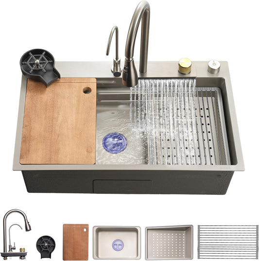 SereneLife Keukenspoelbak van Roestvrij Staal – Onderbouw & Opbouw, 13 Gauge, 76 x 46 x 23 cm, Inclusief Kraan, RVS Racket, Zeefmand, Snijplank & Bekerreiniger, Grijs