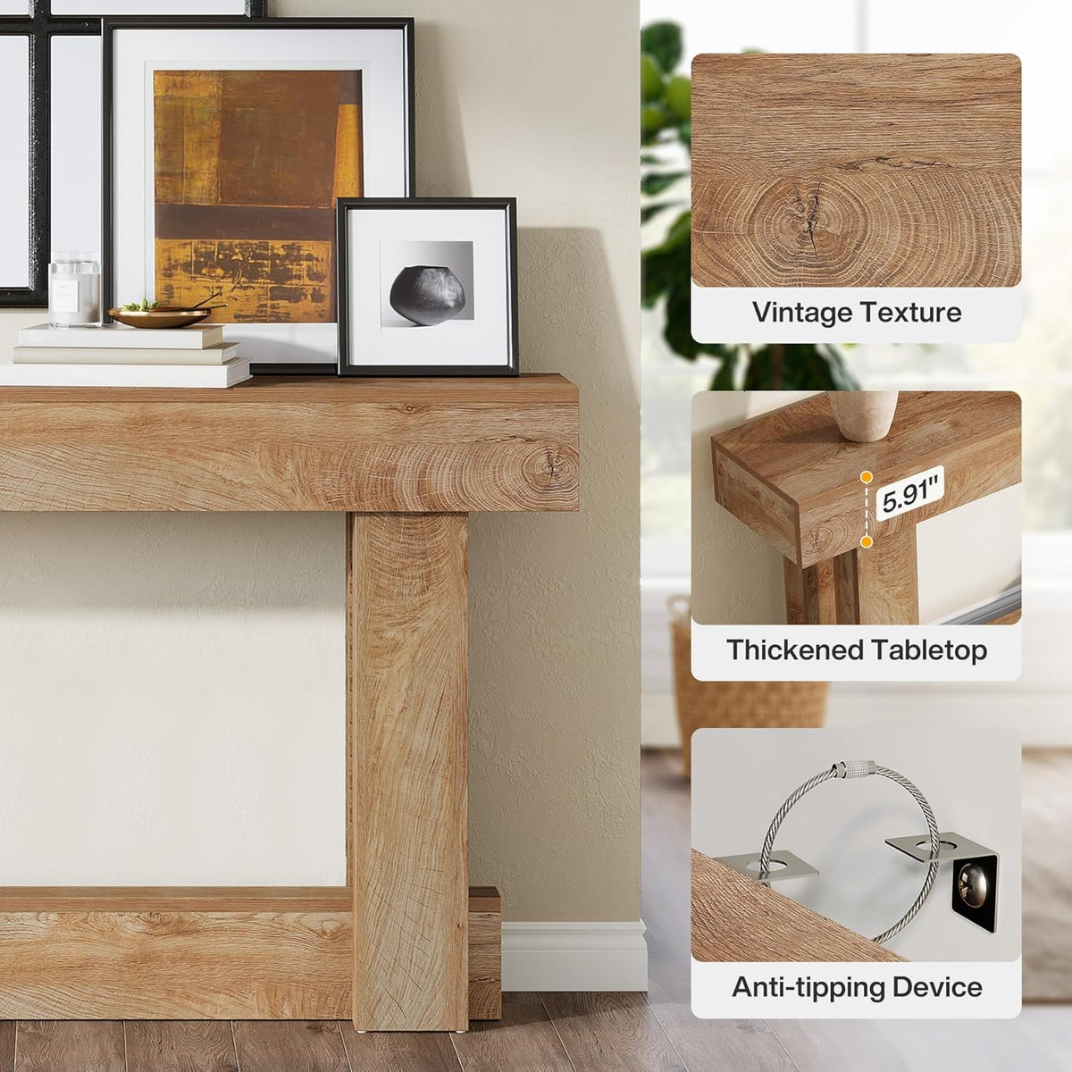 Tribesigns 160 cm Console Table, 2 Tier Halter Table, Rectangular Wooden Side Table Behind the Sofa, Farmhouse Wood Rear for Hallway, Living Room, Light Brown Oak