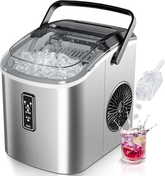 EUHOMY IJsmachine: 9 ijsblokjes in 6 minuten, zelfreinigende ijsmachine, 12 kg/24 uur, 2 ijsmaten, met AASA, ijsschep en mand, ideaal voor thuis, keuken, kantoor, bar, zilver