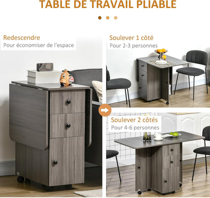 HOMCOM Keukentafel, opvouwbaar, 2 opklapbare dienbladen met 2 laden, 1 kast en 1 opbergrek, 120 x 60 x 76,5 cm, donkergrijs