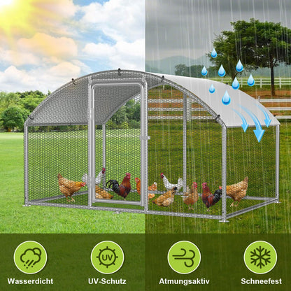 Chicken Coop Outdoor Run 3 x 2 x 2 m Chicken Coop Dome Roof Galvanised Steel Poultry Stable for Chickens, Rabbits, Geese and Pigeons and Quails, Metal Run with Net - QUORE