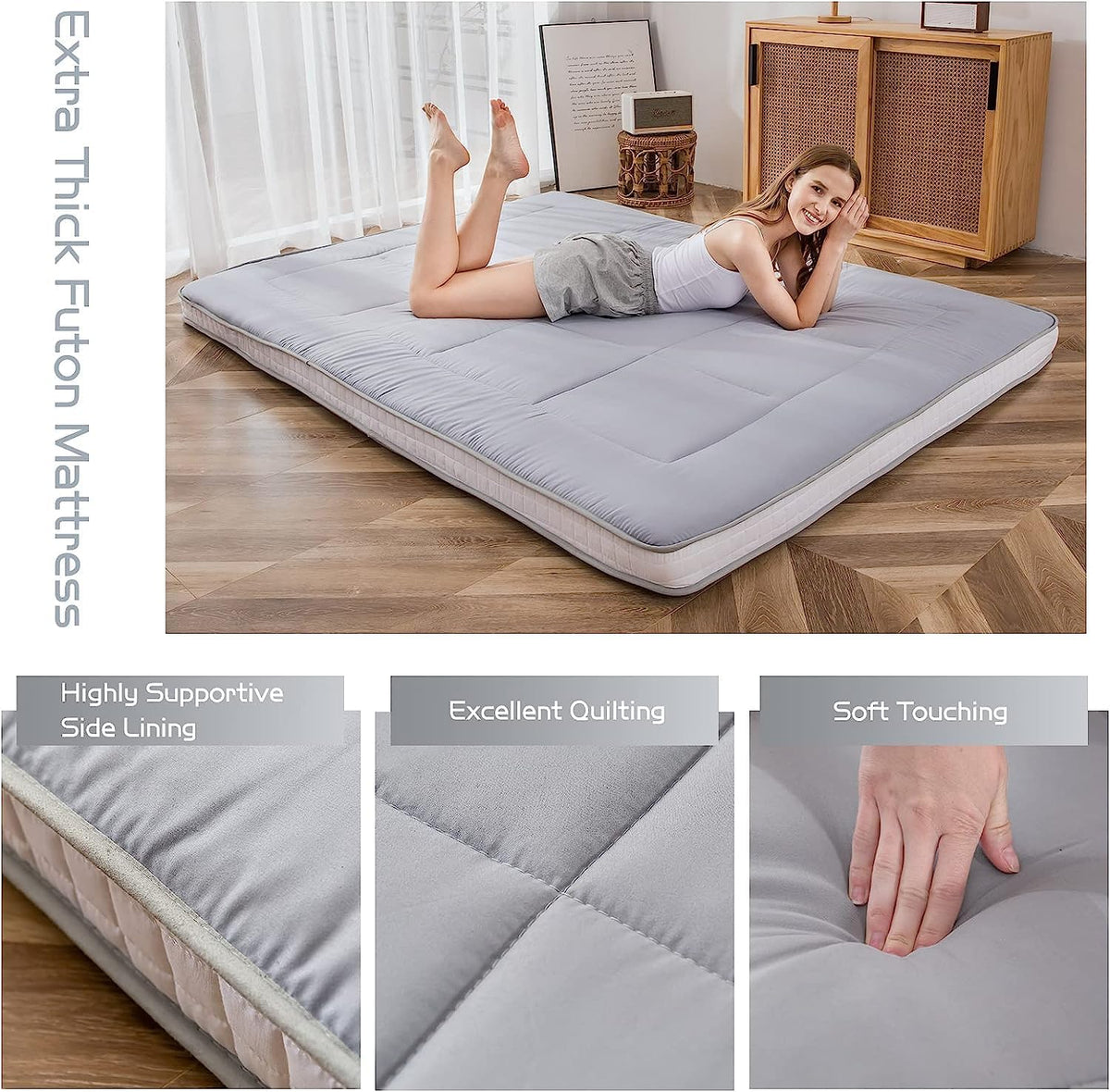 MAXYOYO Futonmatras, gewatteerd Japans vloermatras, gewatteerde matrasoplegger, extra dik, opvouwbaar, ademend, vloerligbed, logeerbed, voor campingbank, grijs, 90 x 190 cm
