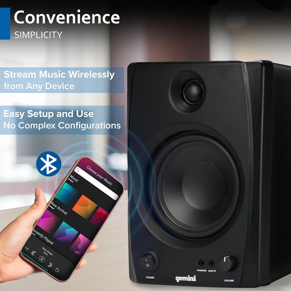 Gemini Sound SMX-5BT 5 inch studiomonitorluidsprekers met Bluetooth - 200 W piekvermogen, TRS/RCA/Aux-ingangen, akoestische afstemming, actief/passief paar voor thuisstudio, DJ en muziekproductie