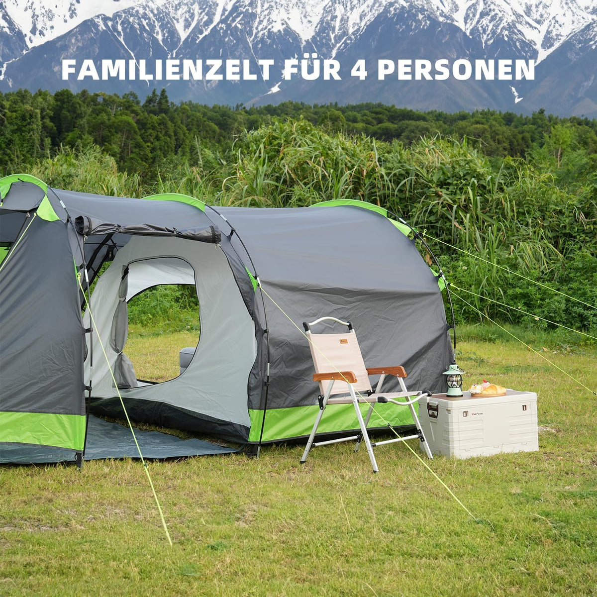 Tunneltent voor 4 personen, tipi-tent, grote campingtent met slaapcabine, 3000 mm waterdichte familietent, huistent met 3 ingangen, glamping-tent met afneembare tentbodem