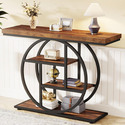 Tribesigns Console Table 105cm with 4 Levels, Narrow Industrial Sofa Table with Round Metal Frame, Wooden Entrance Table with Storage Racks for Living Room (Rustic Brown) - QUORE
