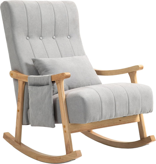 HOMCOM Rocking Chair, Soft Padded Relax Chair in Linen Look and Wooden Frame, Rocking Chair with Side Pocket and Lumbar Cushion for Bedroom, Living Room, Grey - QUORE