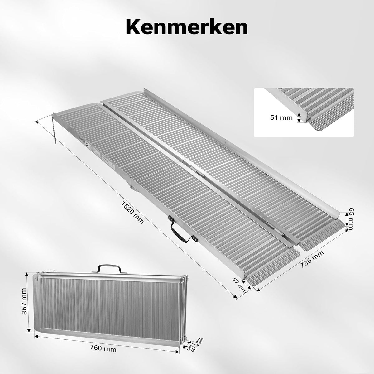 Rolstoel oprijplaat oprijhelling 2x vouwbaar aluminium 152cm 270kg koffer