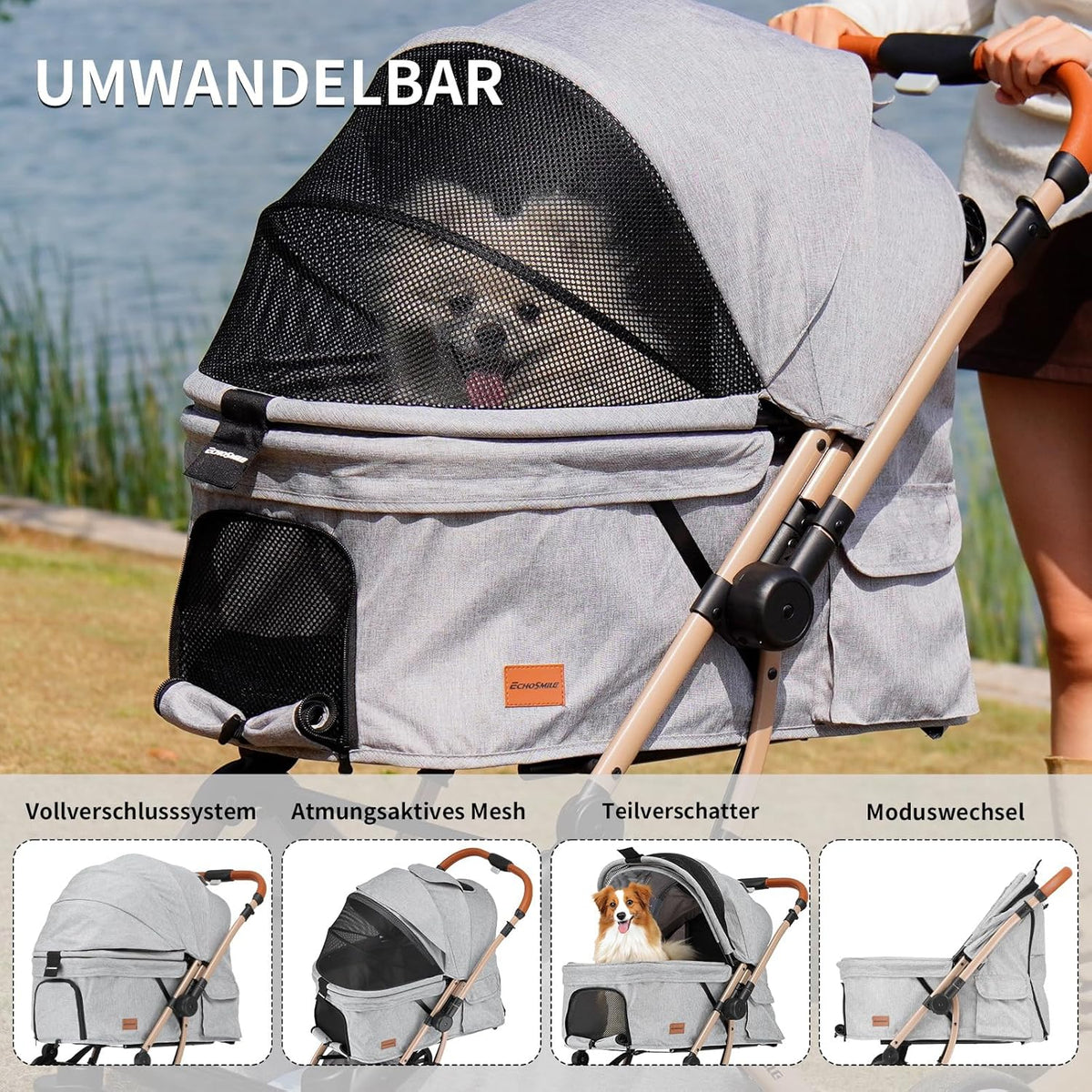 EchoSmile Opvouwbare hondenwagen, hondenbuggy tot 20 kg, voor kleine middelgrote honden en katten, hondenbuggy en kattenwagen met omkeerbare handgreep, schokdemping en afneembaar wasbaar pad, grijs