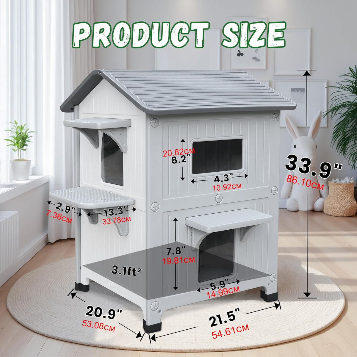 Kattenhok voor buiten, twee etages met balkon, kattenhuis met twee verdiepingen, weerbestendig kunststof, wild-kattenhok met vluchtdeur, wit