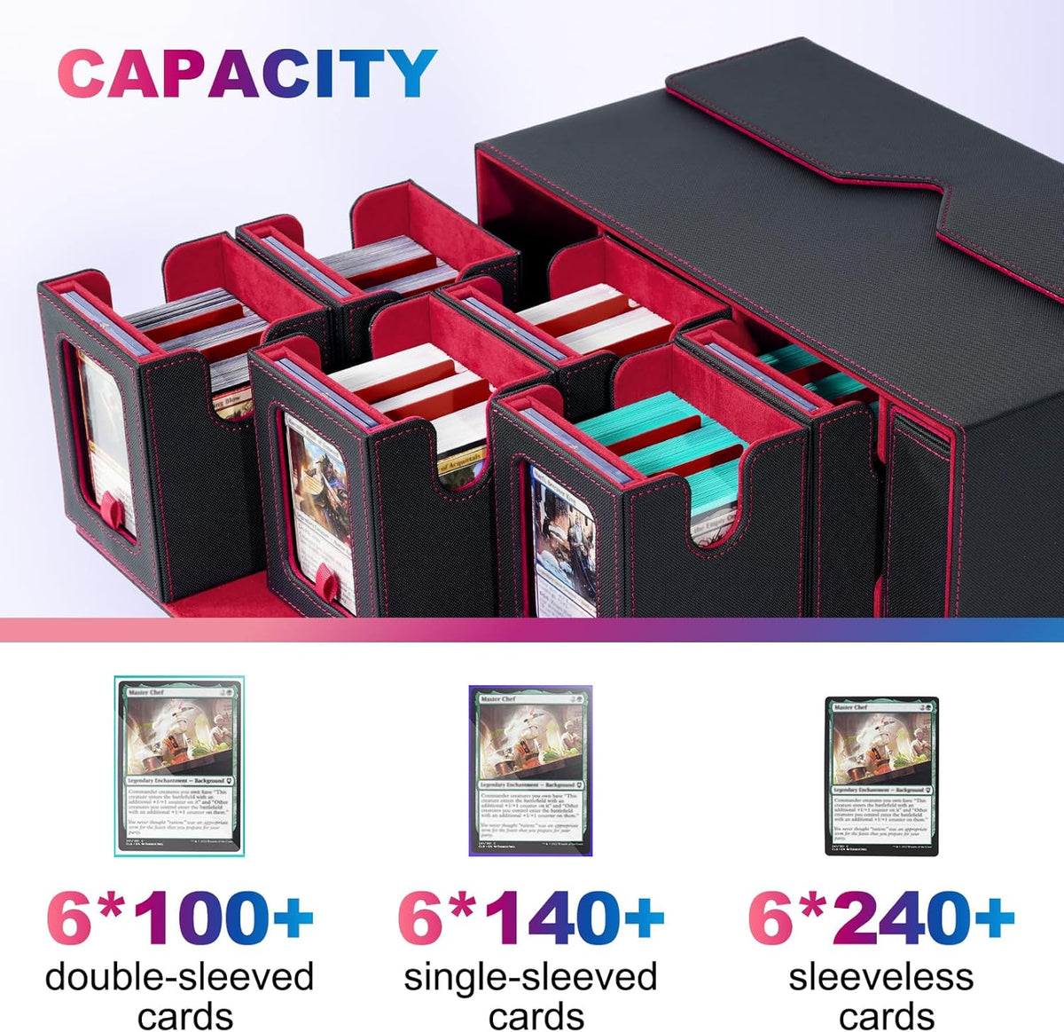 Commander Deck Box voor MTG, 6-decks, modulaire kaartenetui met kubushouder voor 600+ dubbele hulskaarten, afneembare verzamelkaartenopbergdoos met 6 35PT magnetische kaarthouders voor TCG