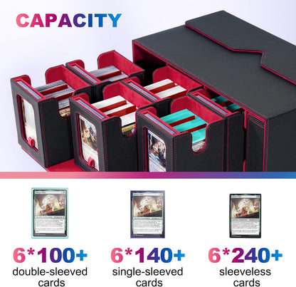 Commander Deck Box voor MTG, 6-decks, modulaire kaartenetui met kubushouder voor 600+ dubbele hulskaarten, afneembare verzamelkaartenopbergdoos met 6 35PT magnetische kaarthouders voor TCG