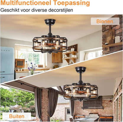 Plafondventilator met Verlichting Industriële Retro, Zwarte Metalen Kooi, Stille 3 Snelheden Reversibel Plafondventilator met Afstandsbediening, Vervangbaar 6x E14 Lamp voor Woonkamer Slaapkamer