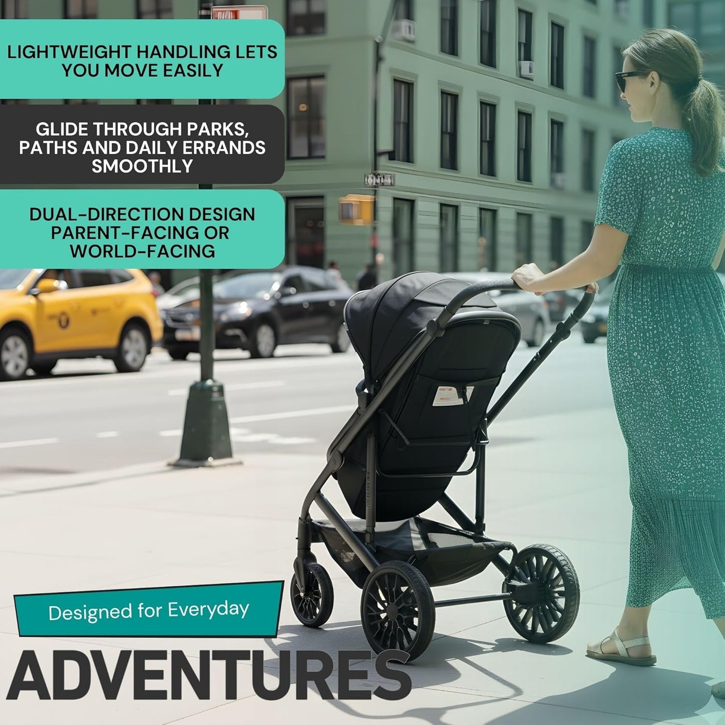 Lejoux™ Avant Reissysteem voor kinderwagen, grotere opvouwbare kinderwagen met reiswieg, 5-punts harnas, verstelbare zitting, extra grote mand en eenhandige vouwwagen, zwenkwielen en regenhoes (zwart)