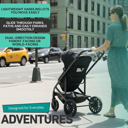 Lejoux™ Avant Reissysteem voor kinderwagen, grotere opvouwbare kinderwagen met reiswieg, 5-punts harnas, verstelbare zitting, extra grote mand en eenhandige vouwwagen, zwenkwielen en regenhoes (zwart)