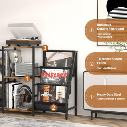 Bikoney Platenkast met Opbergruimte voor Platenspeler – Tafelkast voor Draaitafel met Display, Geschikt voor 280 LP's, Media Console met CD Rek voor Vinyl, Stereo & Draaitafel
